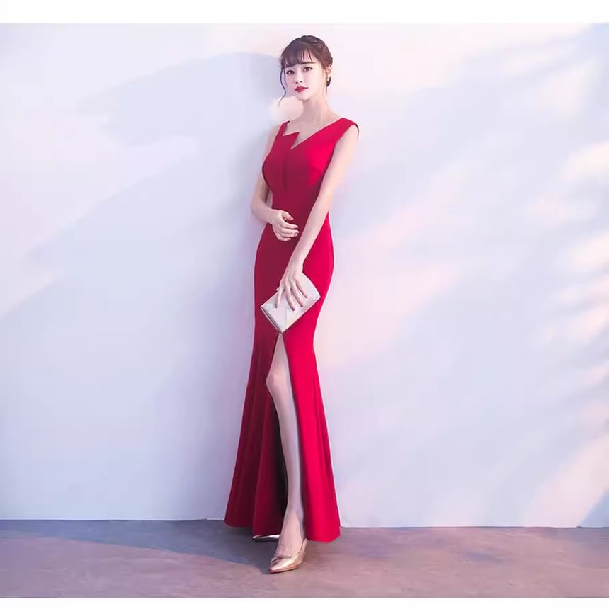 Evening Sleeveless Plain Asymmetrical Gown Mermaid