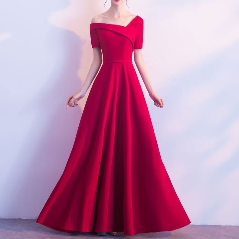 A-Line Asymmetrical Short-Sleeve Evening Plain Gown