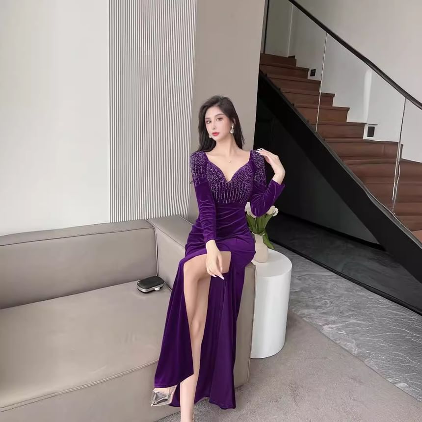 Gown Long-Sleeve V-Neck Rhinestone Mermaid Evening