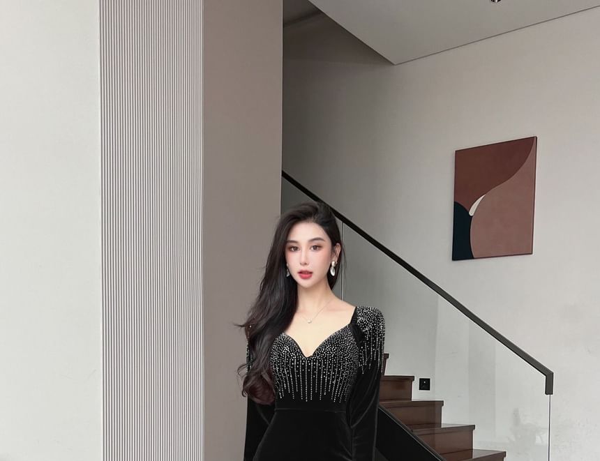 Gown Long-Sleeve V-Neck Rhinestone Mermaid Evening