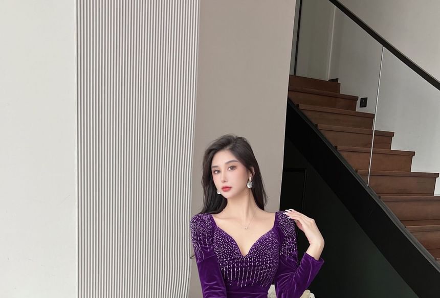 Gown Long-Sleeve V-Neck Rhinestone Mermaid Evening