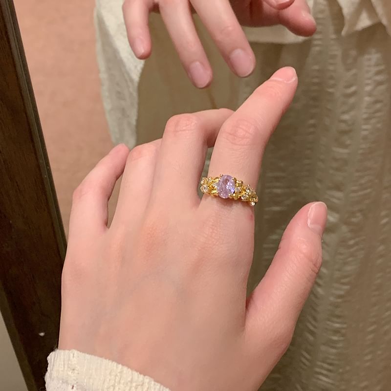 Open Ring / Alloy Set Rhinestone Brushed