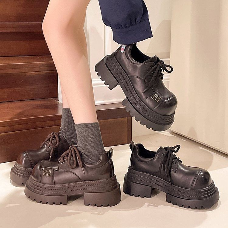 Faux Shoes Plain Leather Platform Lace-Up