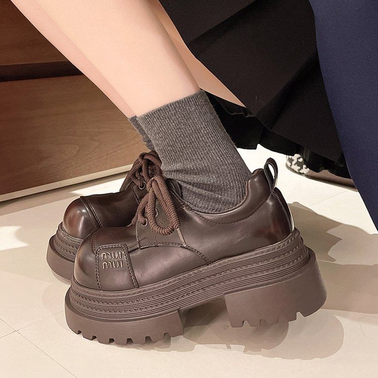 Faux Shoes Plain Leather Platform Lace-Up