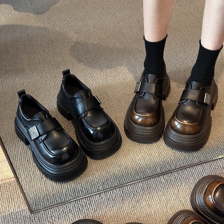 Platform Strap Shoes Accent Faux Adhesive Leather Metal