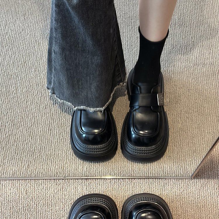 Platform Strap Shoes Accent Faux Adhesive Leather Metal