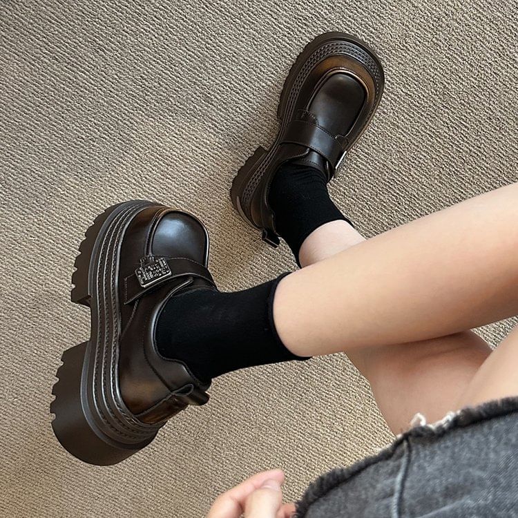 Platform Strap Shoes Accent Faux Adhesive Leather Metal