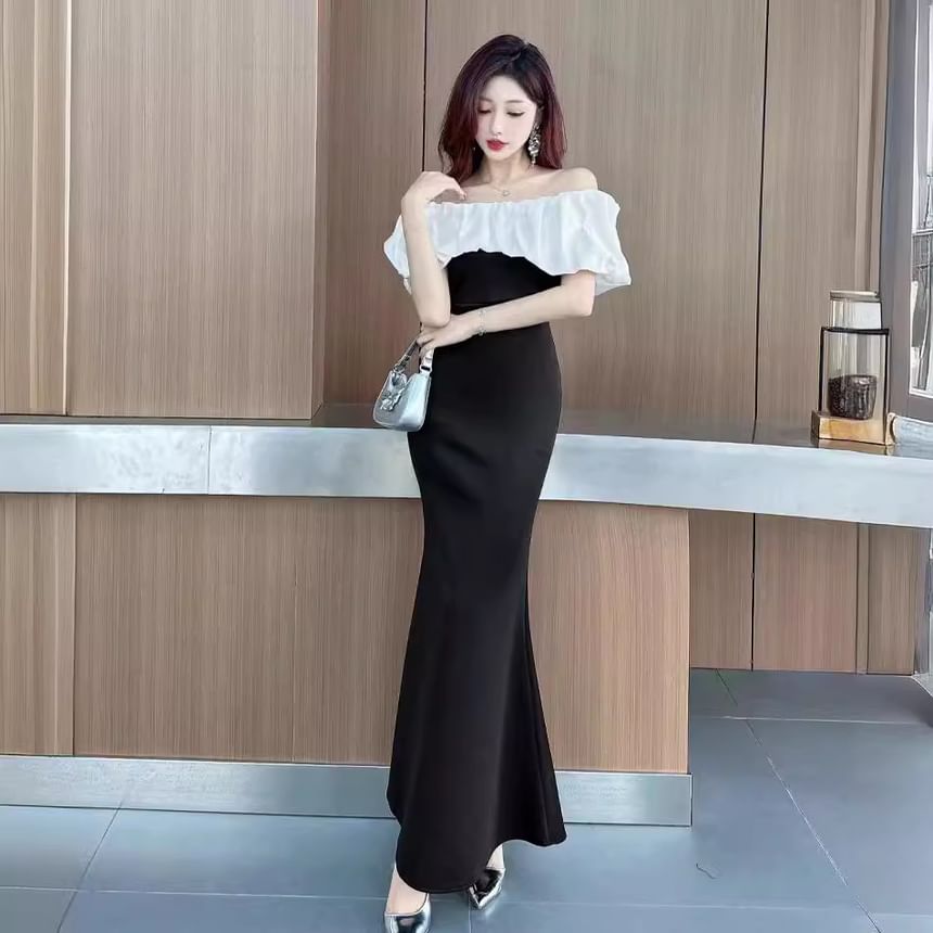 Gown Ruffle Off-The-Shoulder Two Trim Evening Tone Mermaid