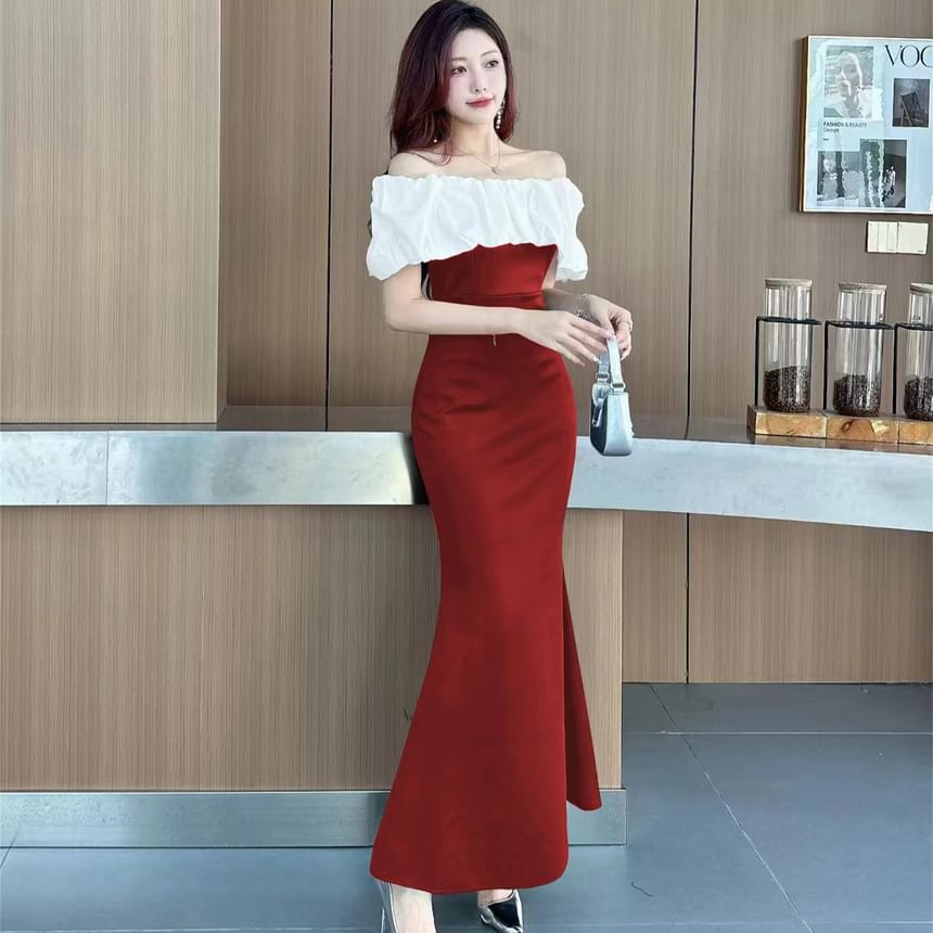 Gown Ruffle Off-The-Shoulder Two Trim Evening Tone Mermaid