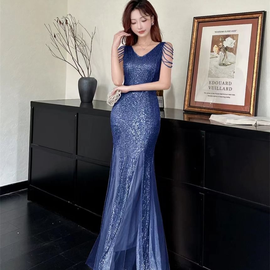 Evening Mermaid Gown Sequined Sleeveless V-Neck