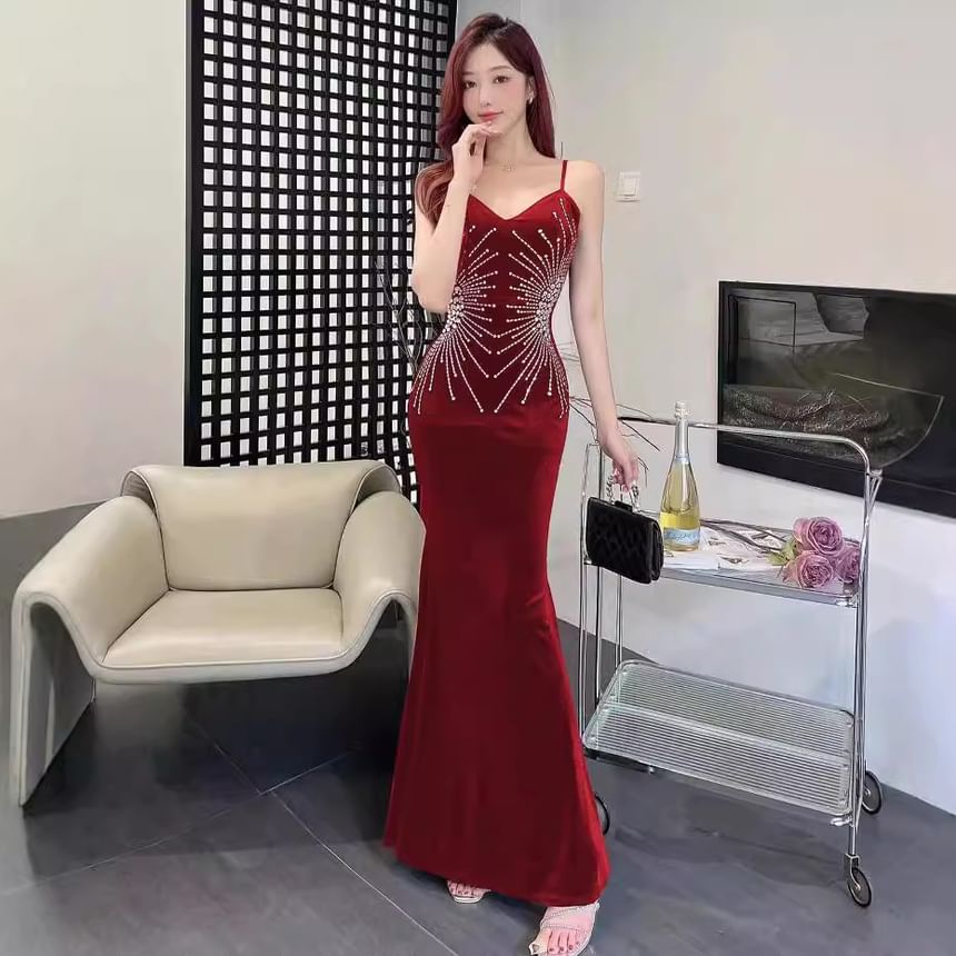 Rhinestone Gown Strap V-Neck Evening Mermaid Spaghetti