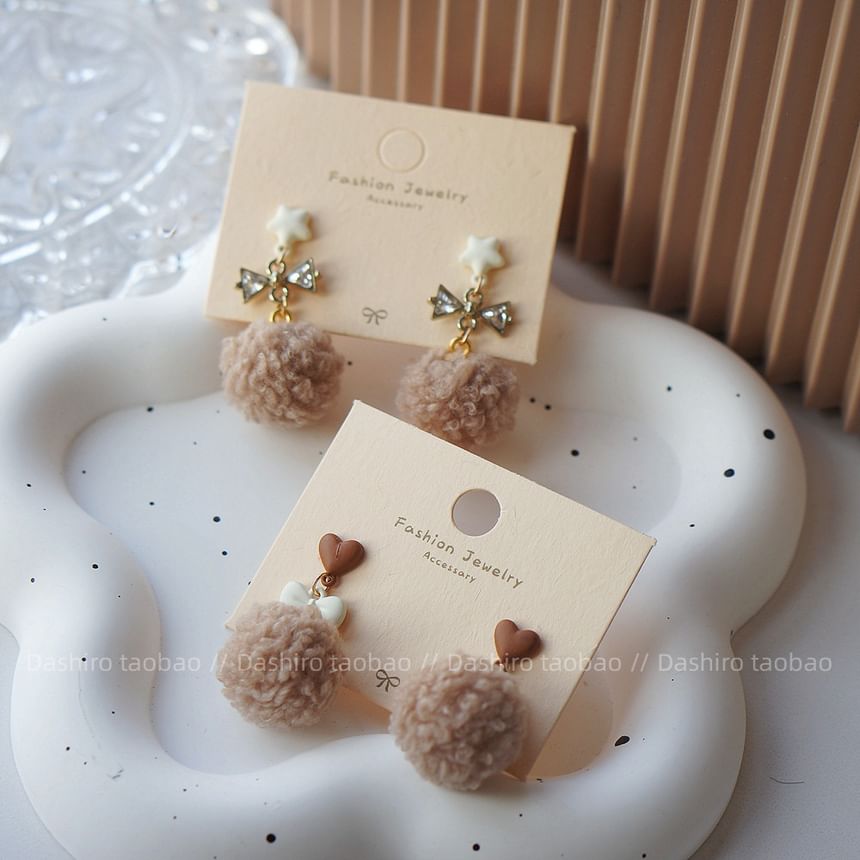 Earring Clip On / Drop Heart Pom