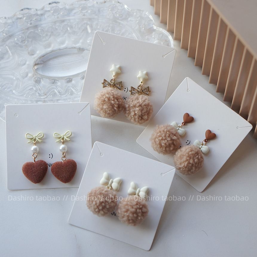 Earring Clip On / Drop Heart Pom