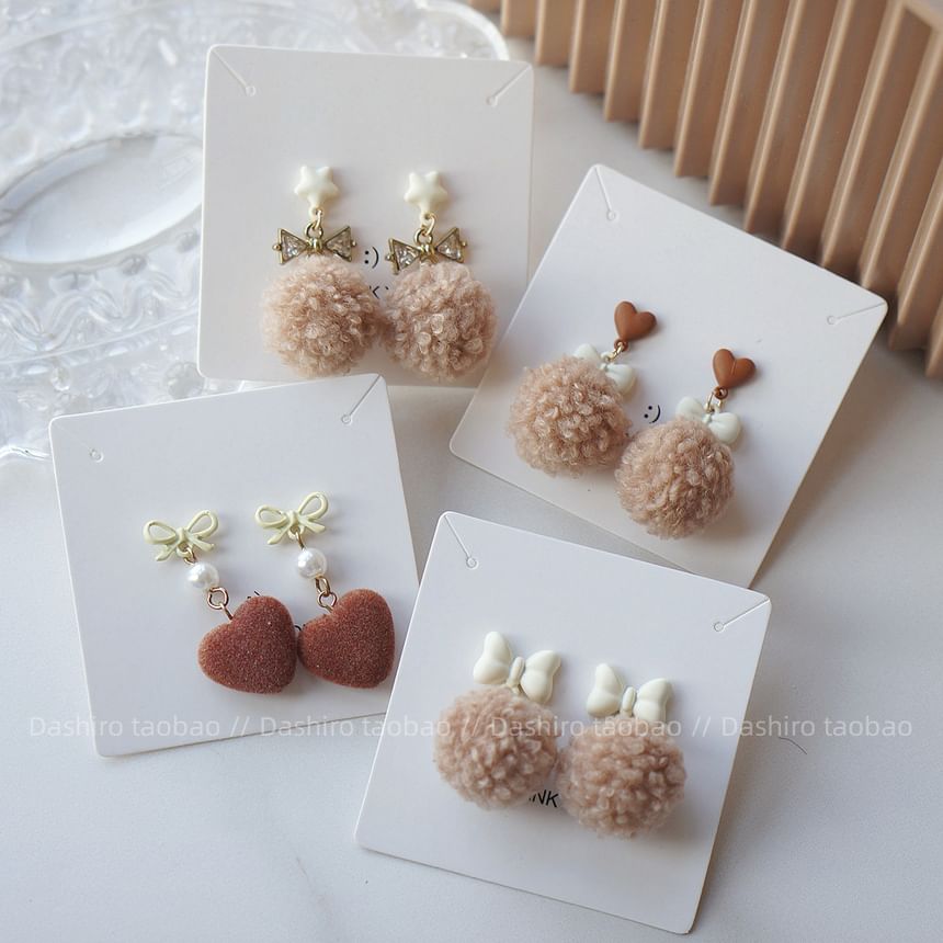 Earring Clip On / Drop Heart Pom