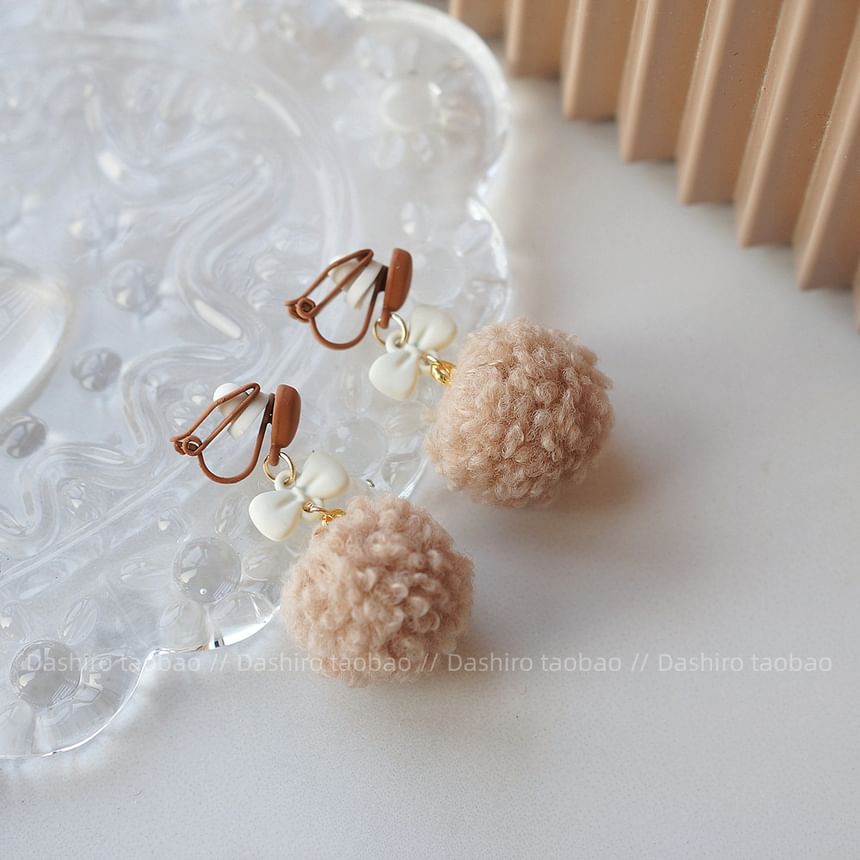 Earring Clip On / Drop Heart Pom