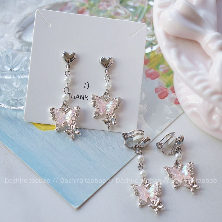 Butterfly Clip Earring Rhinestone Drop / On
