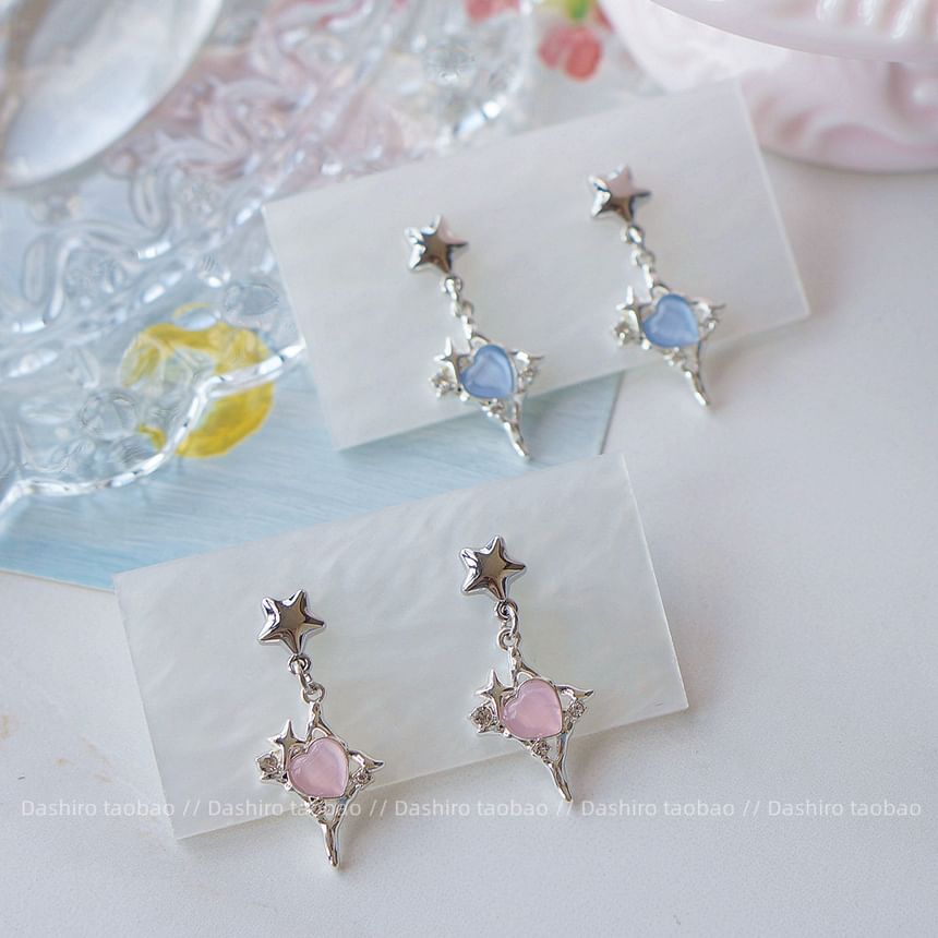 Earring Star Heart Drop On Rhinestone / Clip