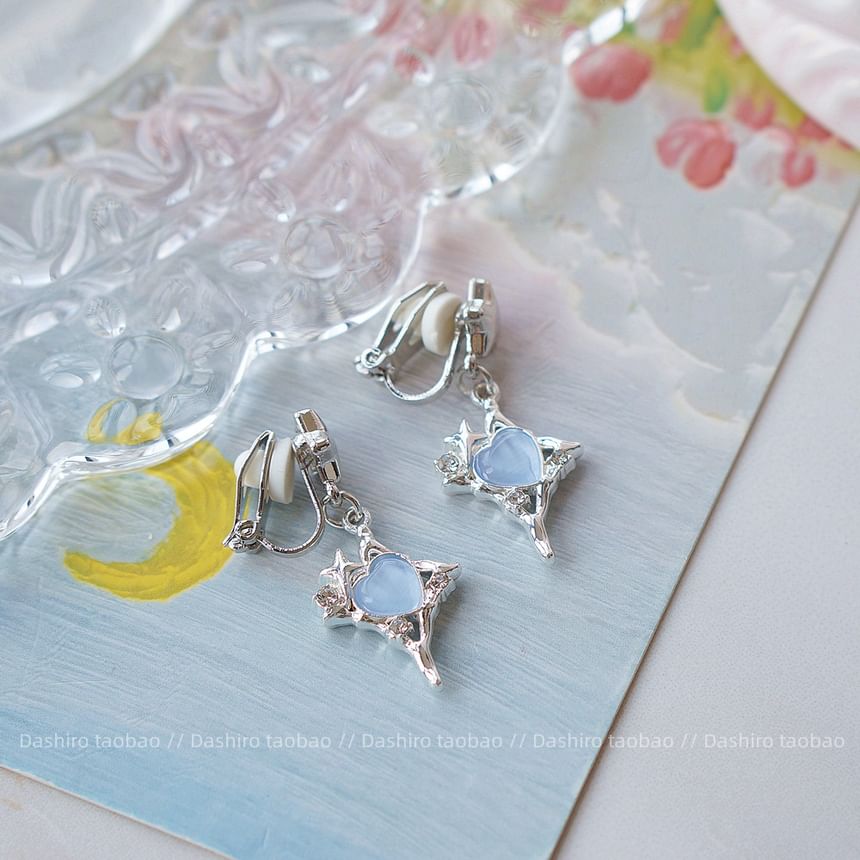 Earring Star Heart Drop On Rhinestone / Clip