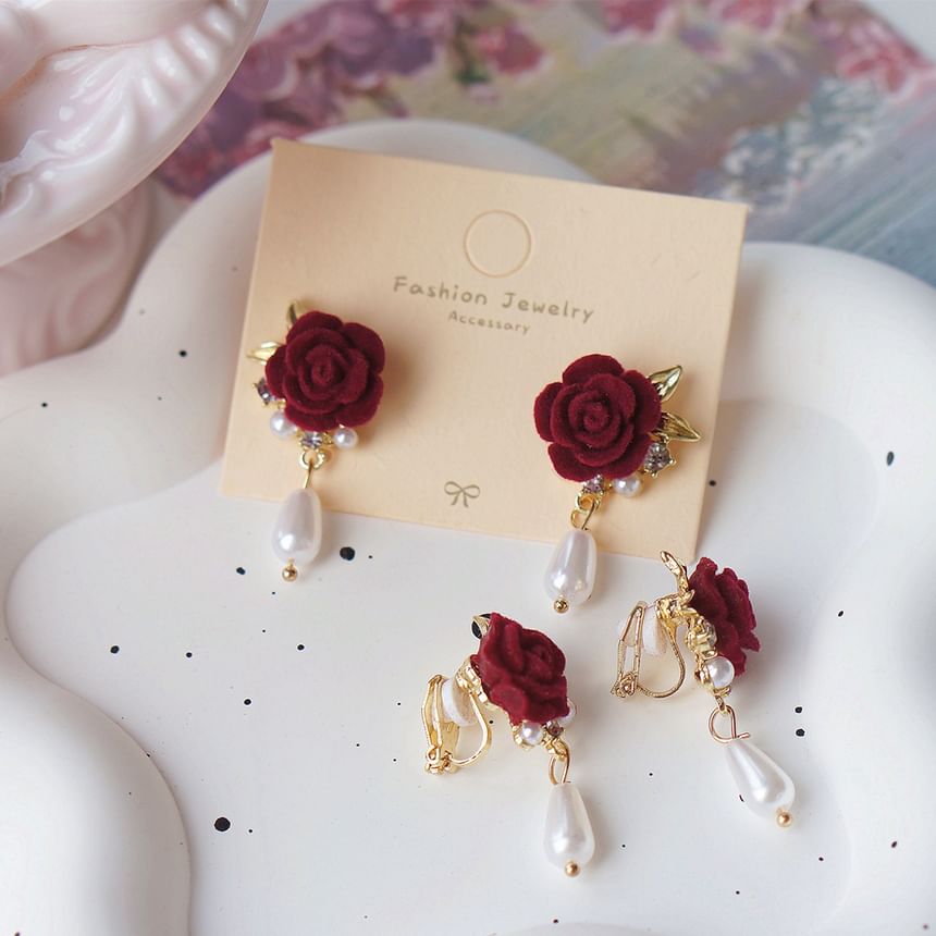 On Drop Rose / Clip Pearl Faux Earring