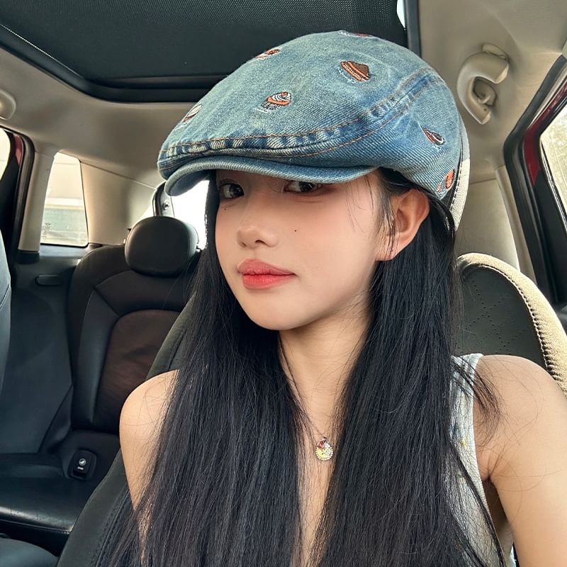Denim Food Cap Flat Embroidered