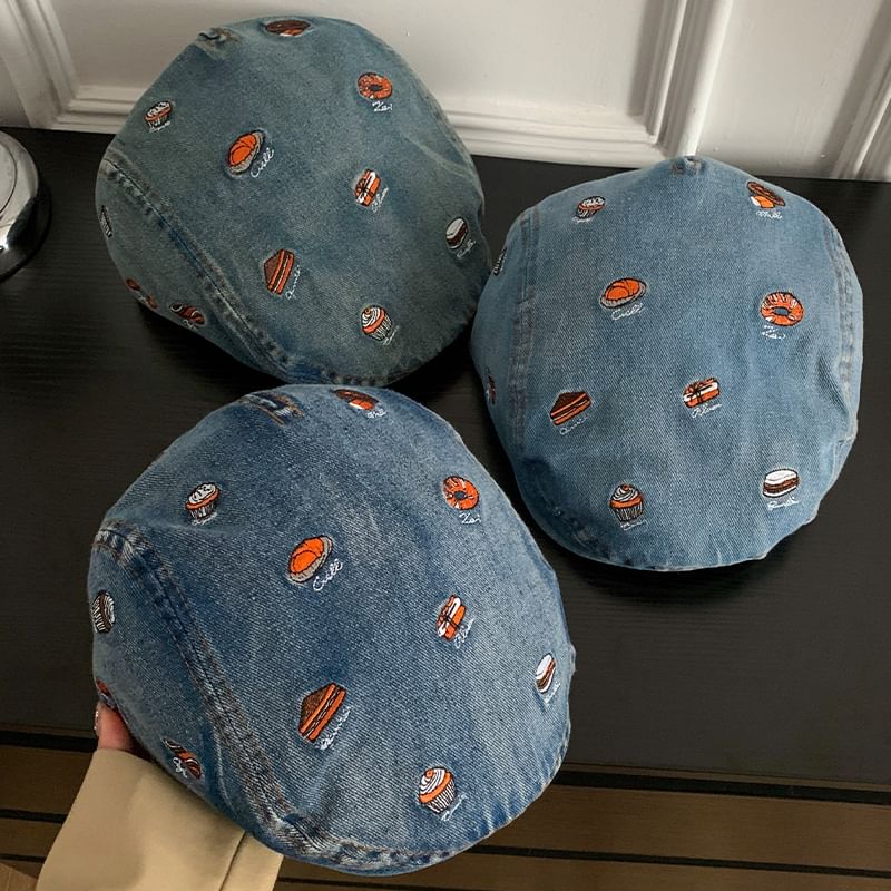 Denim Food Cap Flat Embroidered