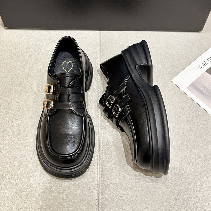 Faux Buckled Loafers Platform Leather