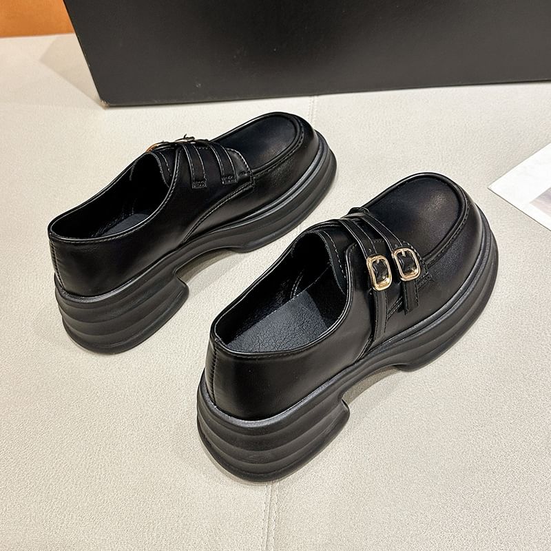 Faux Buckled Loafers Platform Leather