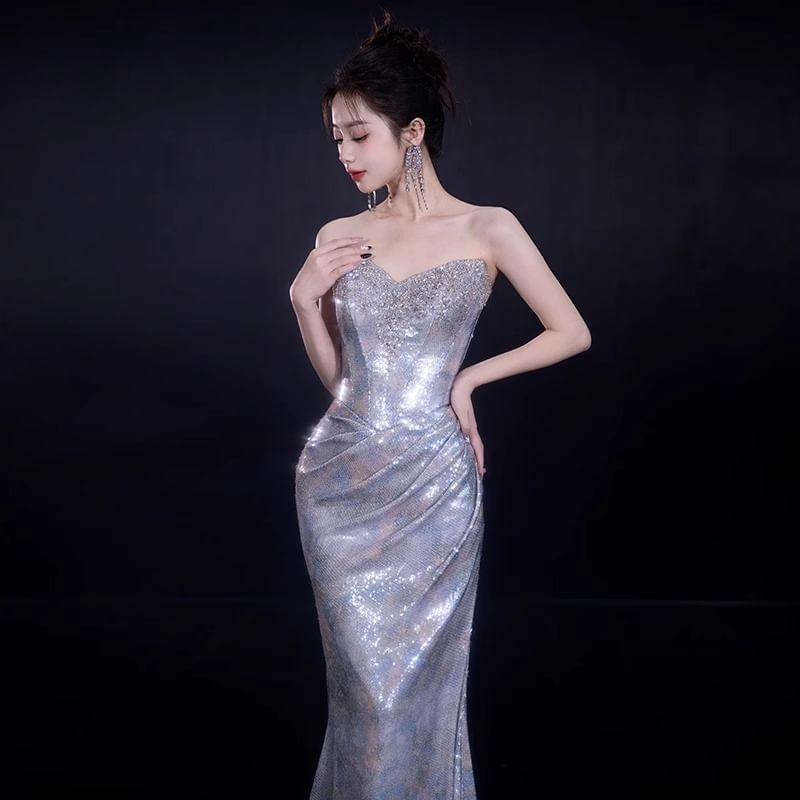 Strapless Ruched Mermaid Sequin Gown Evening