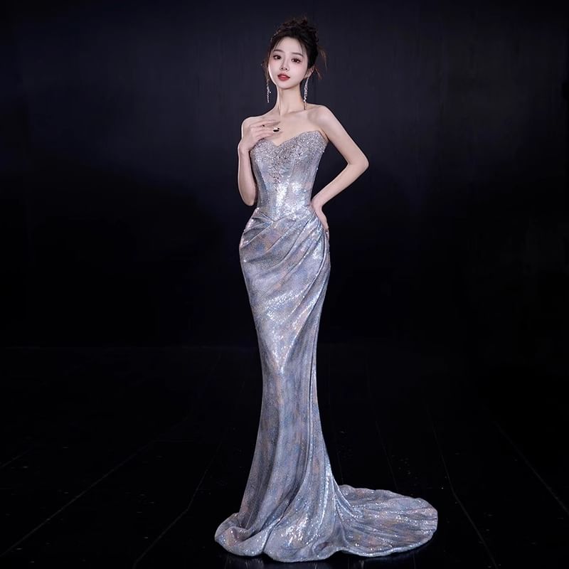 Strapless Ruched Mermaid Sequin Gown Evening