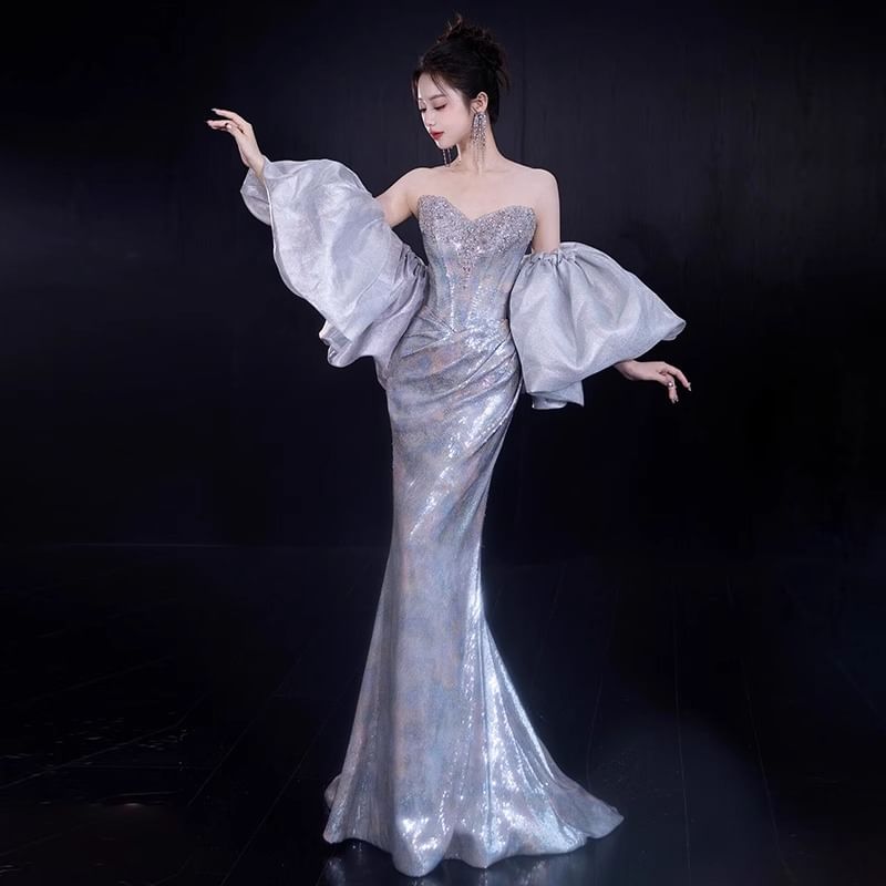 Strapless Ruched Mermaid Sequin Gown Evening