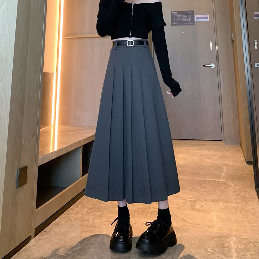 High A-Line Midi Plain Accordion Pleated Skirt Waist