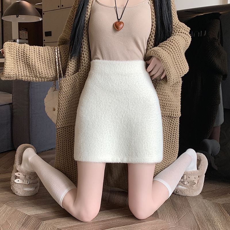 Skirt Pencil High Rise Plain Fluffy Mini