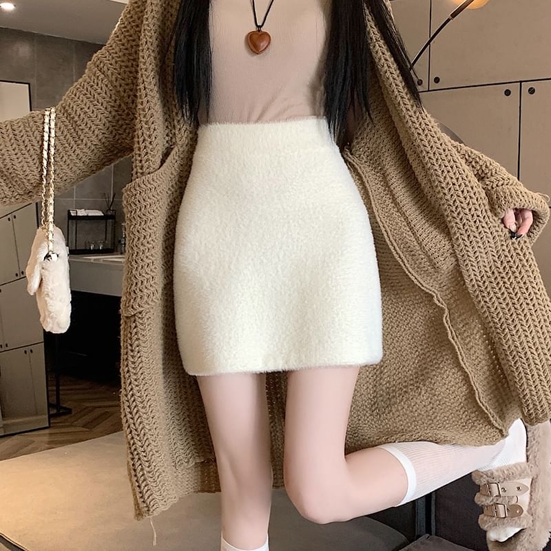 Skirt Pencil High Rise Plain Fluffy Mini