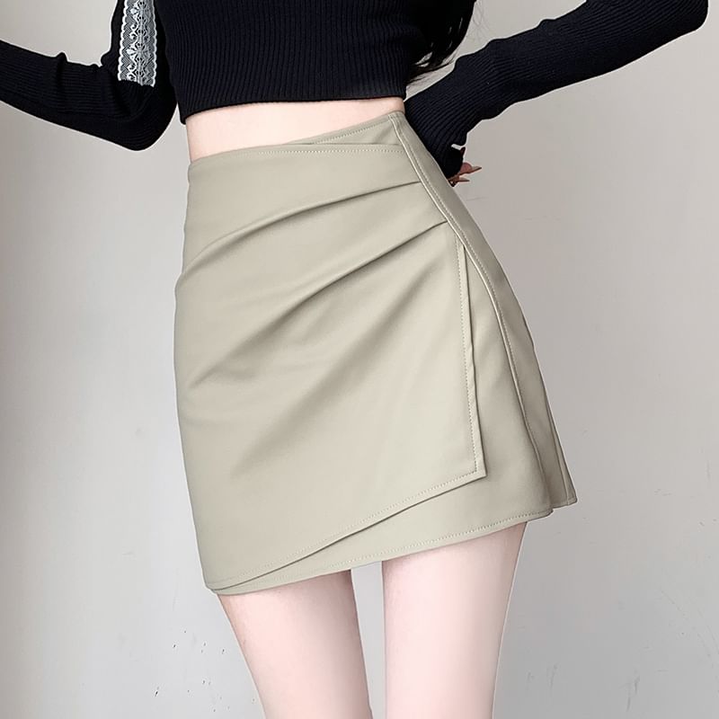 Waist Plain High Skirt Leather Ruched Pencil Asymmetrical Faux Mini
