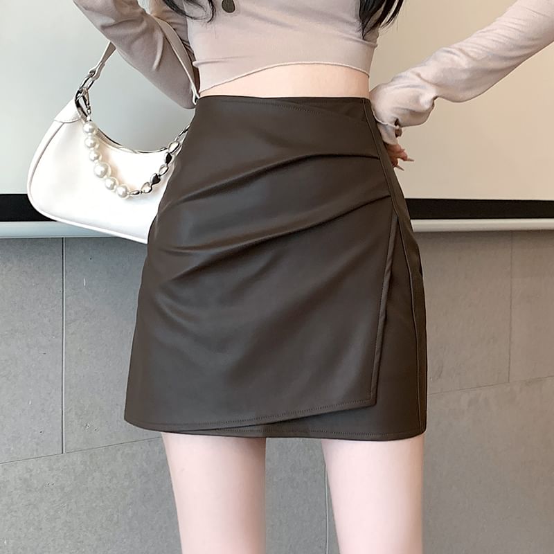 Waist Plain High Skirt Leather Ruched Pencil Asymmetrical Faux Mini