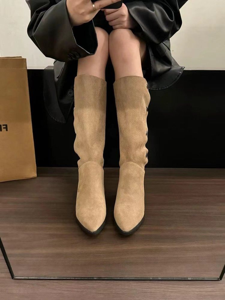 Button Toe Faux Boots Knee High Suede Pointed