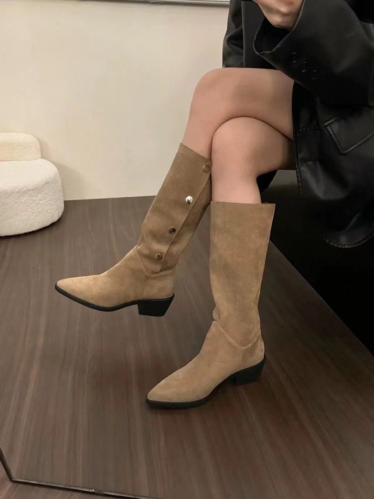 Button Toe Faux Boots Knee High Suede Pointed