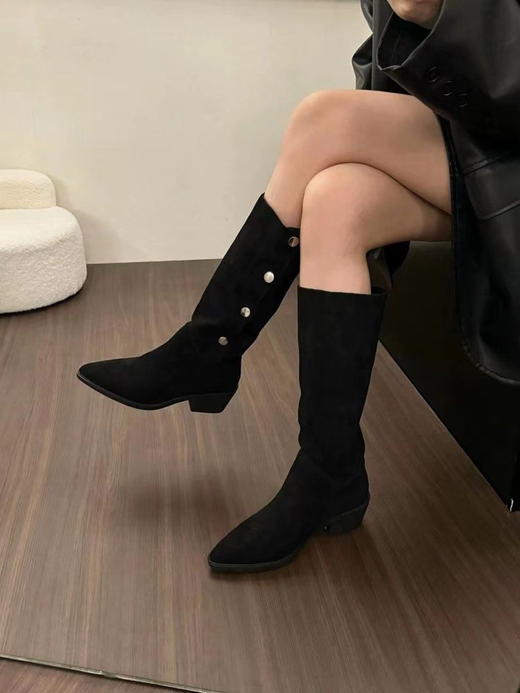 Button Toe Faux Boots Knee High Suede Pointed