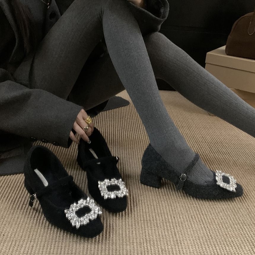 Mary Pumps Square Toe Rhinestone Jane Block Heel Buckled
