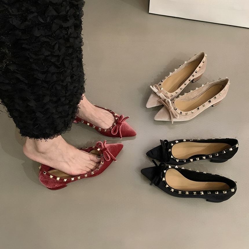 Pumps Velvet Bow Pointed Studded Toe