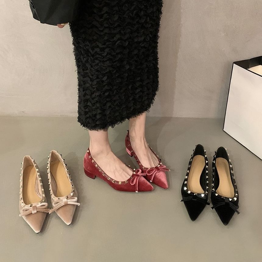 Pumps Velvet Bow Pointed Studded Toe