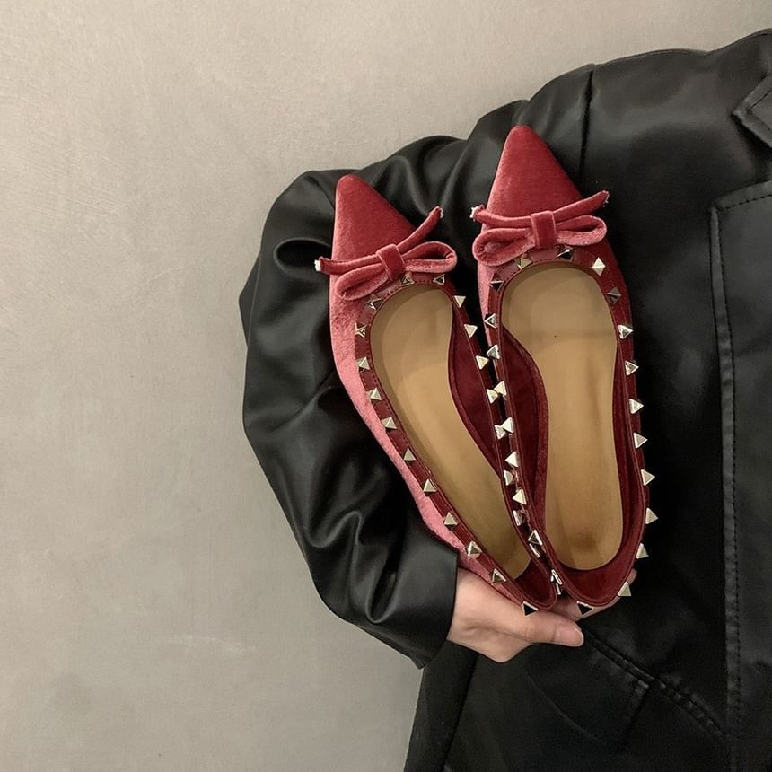 Pumps Velvet Bow Pointed Studded Toe