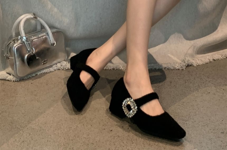 Pumps Block Toe Square Heel Rhinestone Jane Mary Buckled