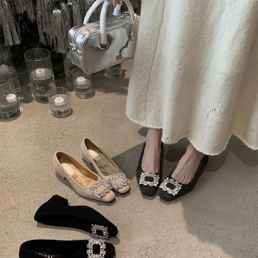 Rhinestone Pumps Toe Heel Buckle Block Square