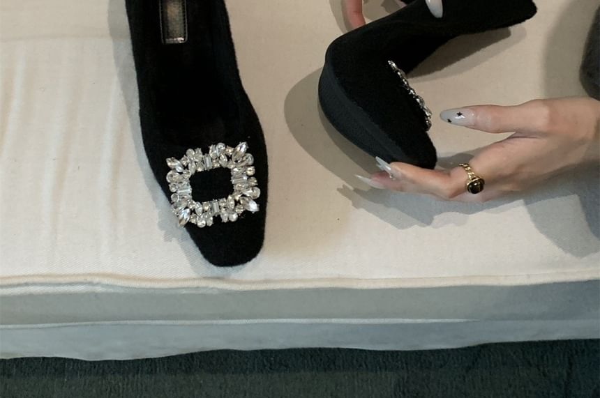Rhinestone Pumps Toe Heel Buckle Block Square