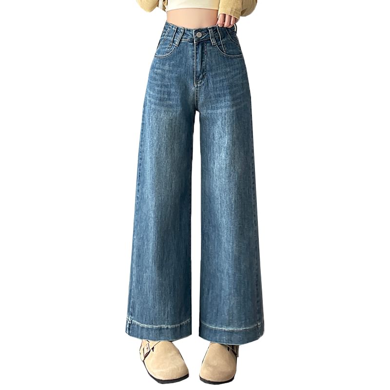 Cropped Wide Jeans (Various Designs) Washed Waist High Leg