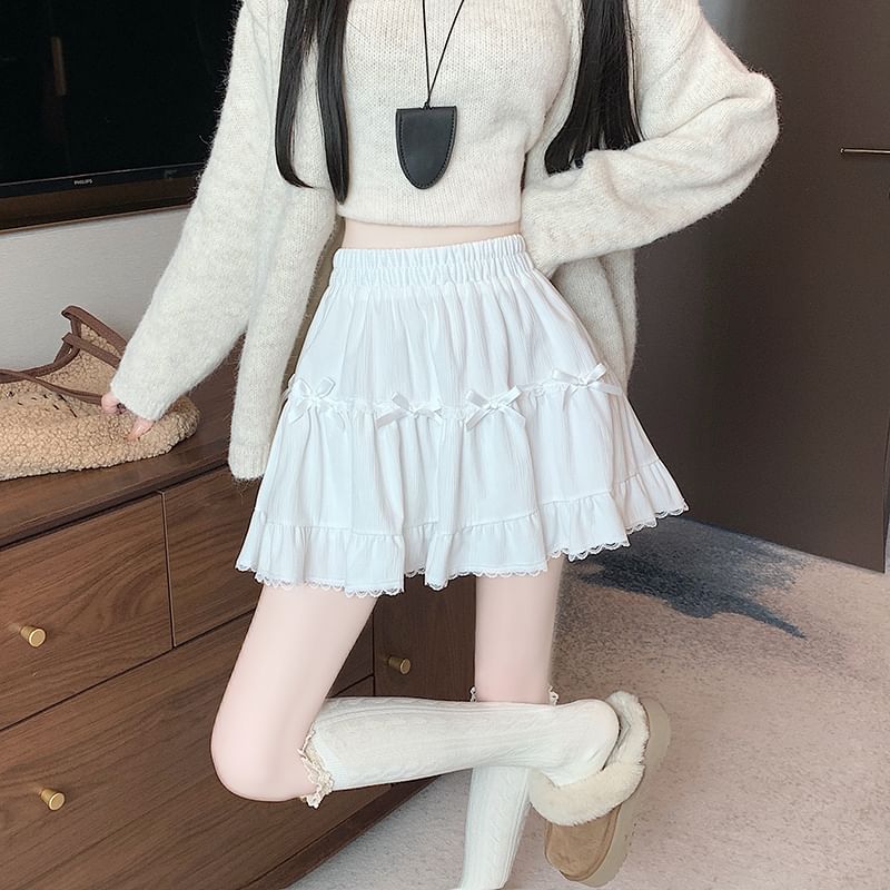 Waist Trim Plain Bow High Lace Velvet Mini A-Line Skirt Accent