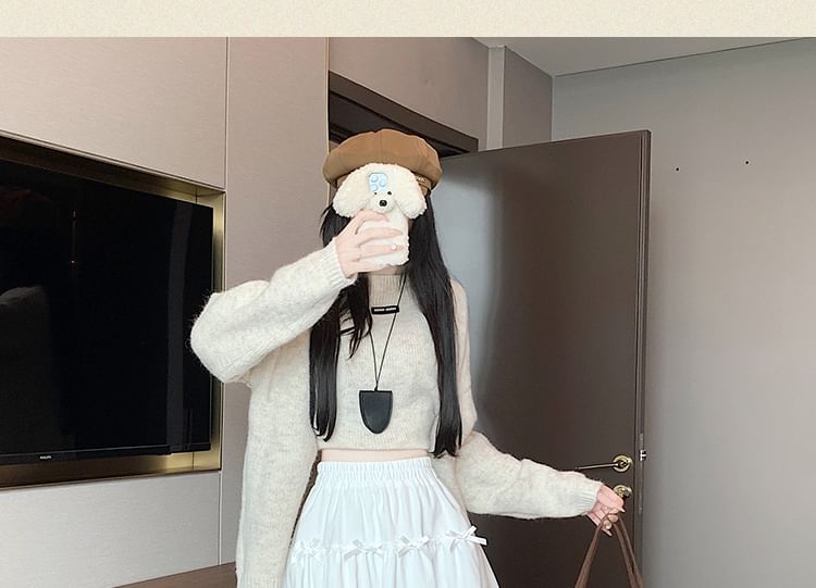 Waist Trim Plain Bow High Lace Velvet Mini A-Line Skirt Accent