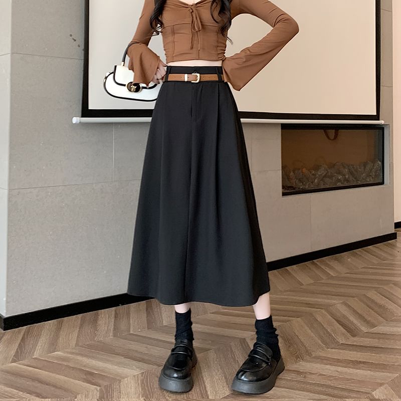 Belt Plain + High A-Line Midi Skirt Rise Set: