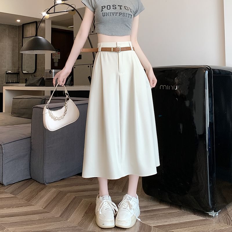 Belt Plain + High A-Line Midi Skirt Rise Set: